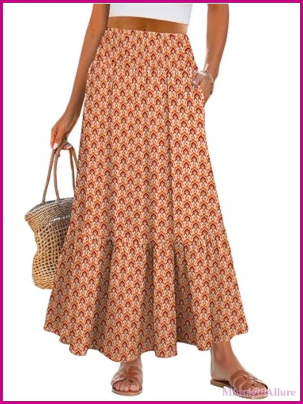 Boho Floral Maxi Skirt, High Waisted Tiered Flowy Beach Skirt with Pockets
